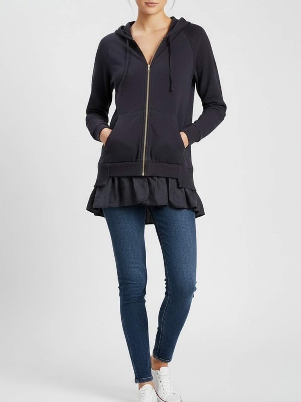 CLU Cotton/Silk Zip Front Ruffled Hem knit Hoodie, SMALL, INK (super dark navy)
